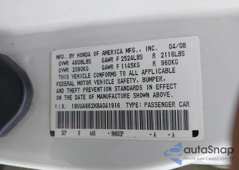 2008 Acura Tl 3.2 z USA, uszkodzony, nr VIN 19UUA662X8A041916
